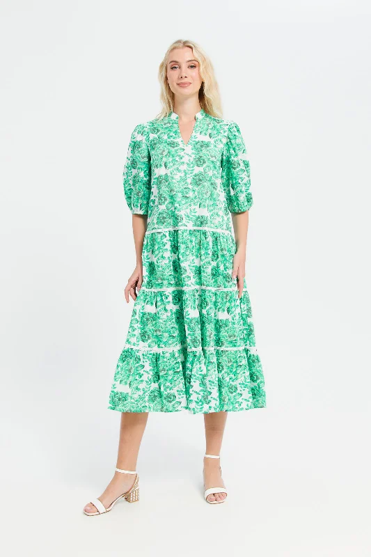 Women's Formal Maxi Dress-Women Green Printed Maxi Dress