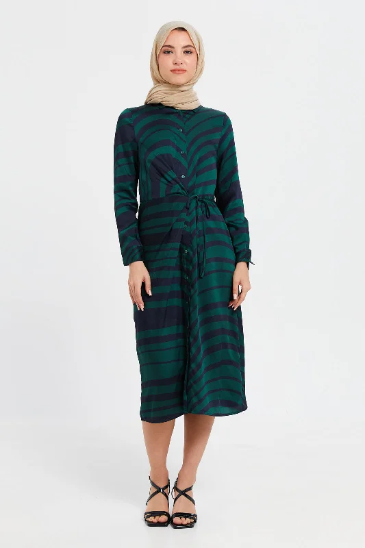 Women's Summer Wrap Dress-Women Green Printed Dress With Tie Detail At Front