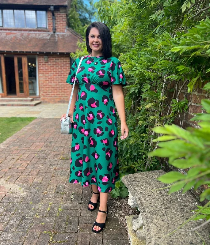 Women's Side Split Midi Dress-Green Leopard Kate Midi Dress