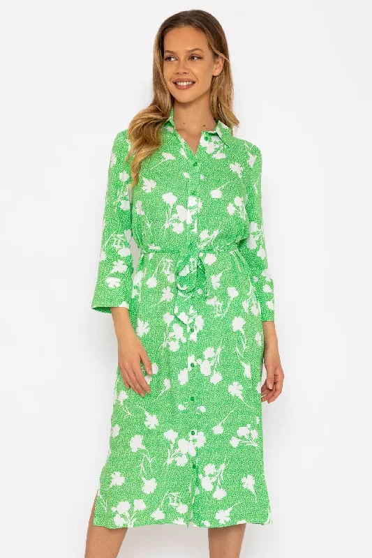 Women's Button Shirt Dress with Print-Green Printed Viscose Shirt Dress