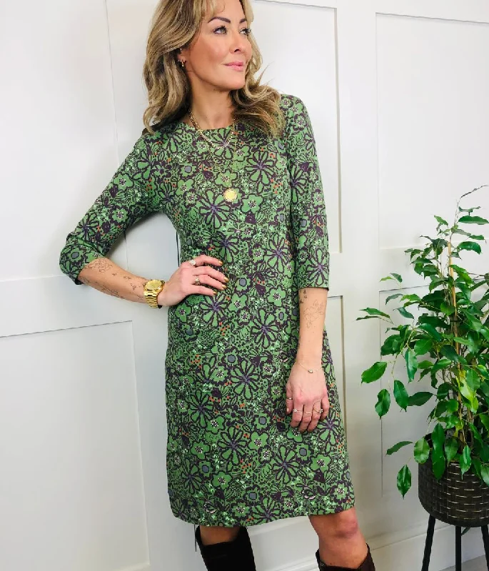 Women's Winter Dress-Green Starshine Printed Pocket Dress