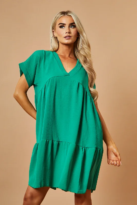 Women's Cozy Knit Mini Dress-Green V-Neck Tiered Frill Mini Dress - Kate
