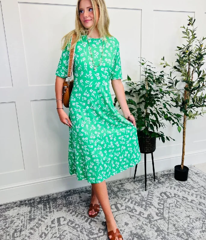 Women's Solid Color Midi Dress-Green & White Printed Stretch Fit & Flare Midi Dress