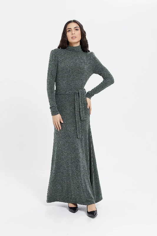 Women's A-line Maxi Dress-Women Grey Turtle Neck Belted Maxi Dress