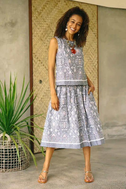 Women's Silk Satin Midi Dress-Grey Gardens Hand Woven Cotton Midi Ikat Skirt from Bali Women's Silk Satin Midi Dress-Grey Gardens Hand Woven Cotton Midi Ikat Skirt from Bali