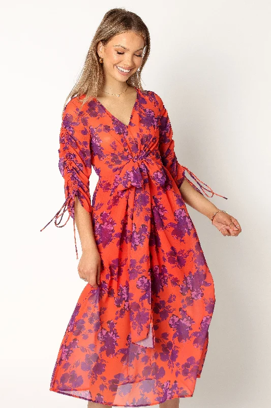 Women's Dotted Lace Midi Dress-Hallie Midi Floral Dress - Red Wine