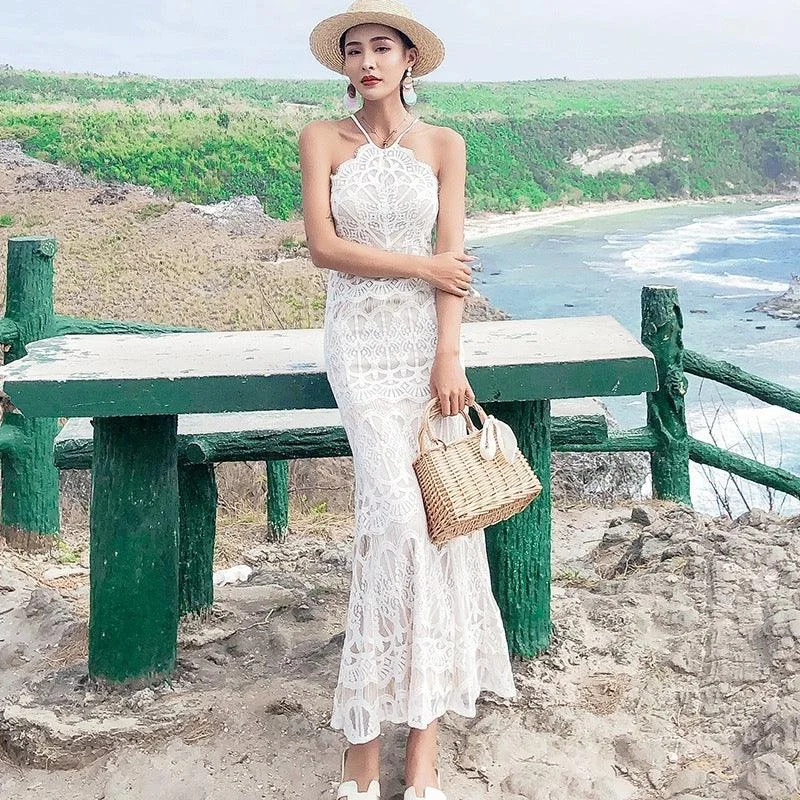Women's Evening Wear Maxi Dress-Halterneck Lace Maxi Dress in White
