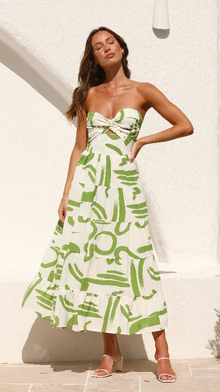 Women's Ribbed Midi Dress-Hazel Midi Dress - Green Print