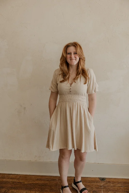 Women's V-neck Satin Mini Dress-HOLLIE NATURAL MINI DRESS BY IVY & CO
