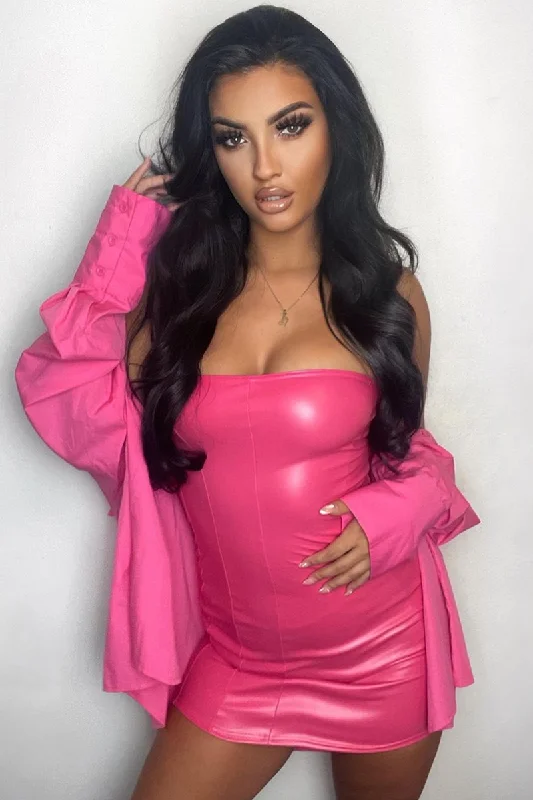 Women's Lace and Satin Mini Dress-Hot Pink Corset Seam PU Mini Dress - Kyla