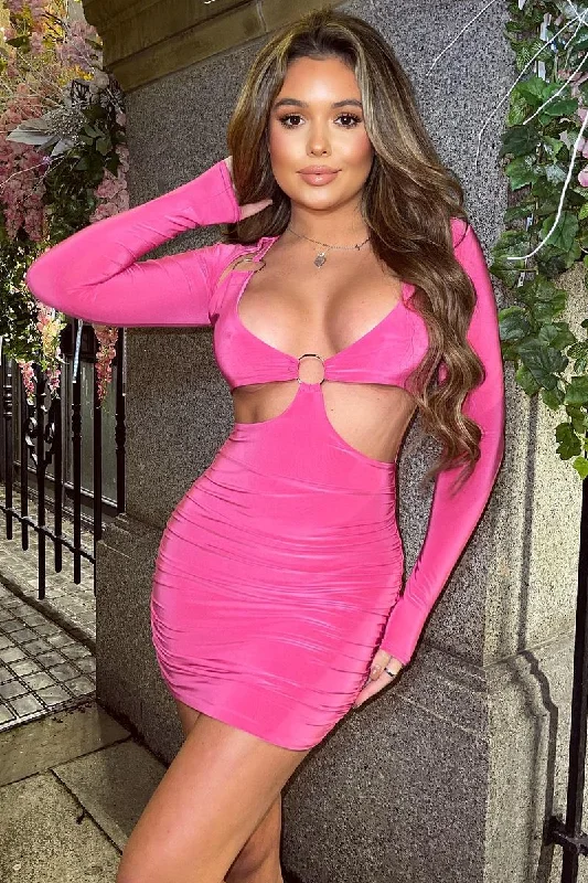 Women's Button-up Floral Mini Dress-Hot Pink Ring Front Cut Out Slinky Mini Dress - Ava Women's Button-up Floral Mini Dress-Hot Pink Ring Front Cut Out Slinky Mini Dress - Ava