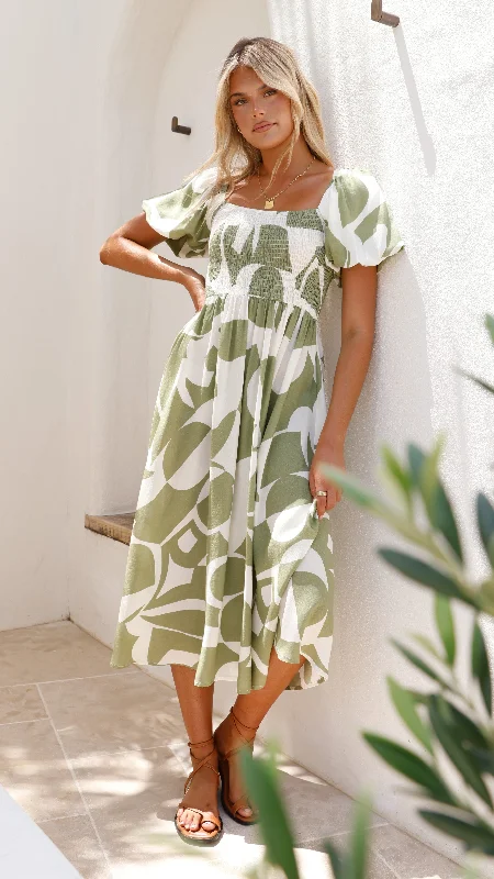 Women's Geometric Midi Dress-Ilene Midi Dress - Sage Print