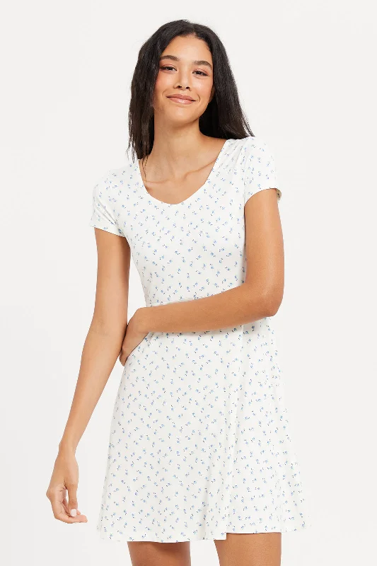 Women's Formal Evening Dress-Women Ivory Ditsy Print Dress