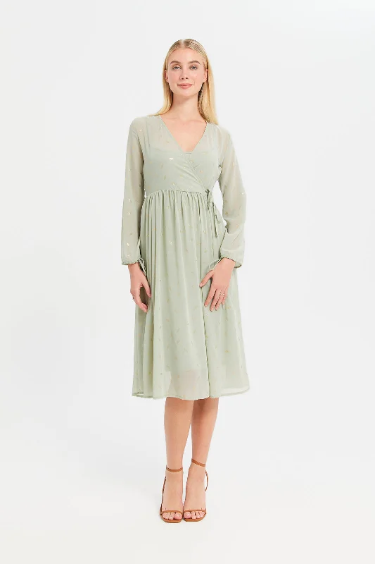 Women's Casual Dress with Pockets-Women Ivory Foil Printed Flared Sleeves Dress