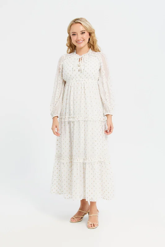 Women's Cotton Dress-Women Ivory Frill Detailed Lurex Jacquard Dress