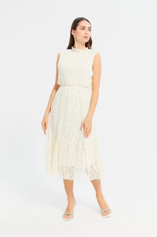 Women's Patterned Dress-Woman Ivory Jacquard Lace Dress