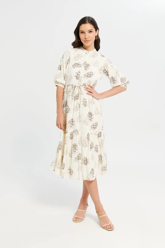 Women's Wraparound Midi Dress-Women Ivory Printed Dress