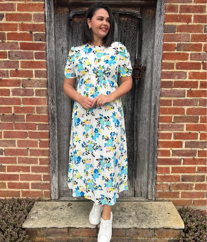 Women's Waist Tie Floral Midi Dress-Ivory Floral Print Midi Dress