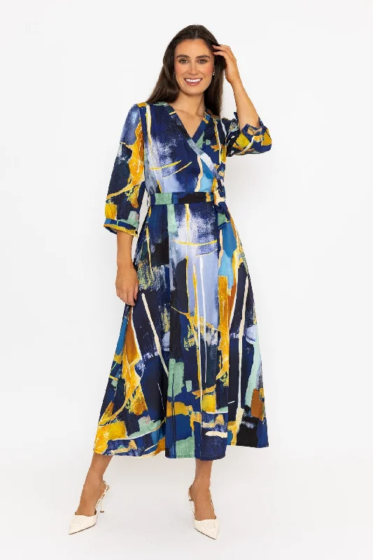 Women's Deep V-neck Midi Dress-Jacqueline Midi Dress in Abstract Navy Print