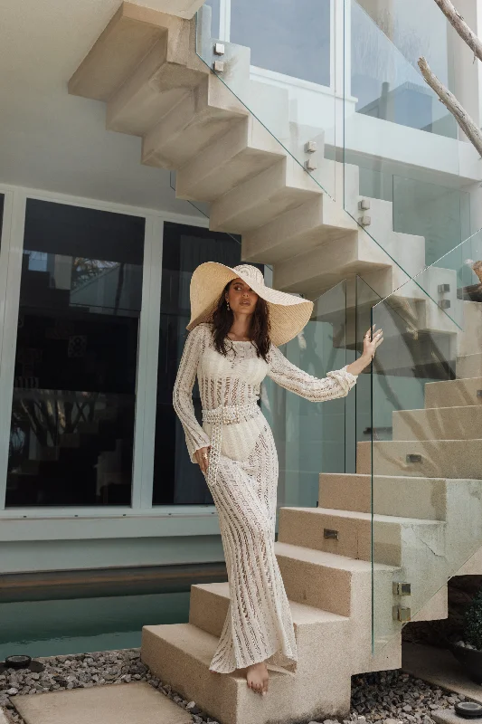 Women's Silk Maxi Dress-Jaye Long Sleeve Maxi Dress - Cream