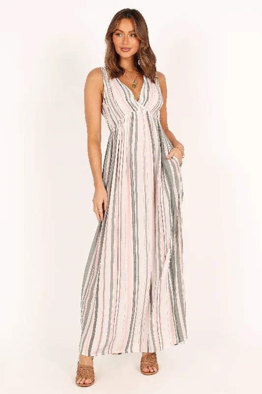 Women's Fitted Evening Maxi Dress-Judd V Neck Maxi Dress - Olive Stripe