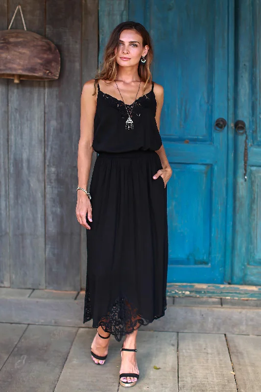 Women's Waffle Knit Midi Dress-Juwita Style Hand-Embroidered Rayon Midi Skirt in Onyx from Bali Women's Waffle Knit Midi Dress-Juwita Style Hand-Embroidered Rayon Midi Skirt in Onyx from Bali