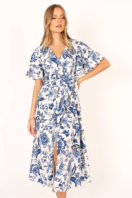 Flared Wrap Dress with Sheer Overlay -Wrap Dress with Floral Detail -Kaleen Midi Wrap Dress - White Blue Flared Wrap Dress with Sheer Overlay -Wrap Dress with Floral Detail -Kaleen Midi Wrap Dress - White Blue