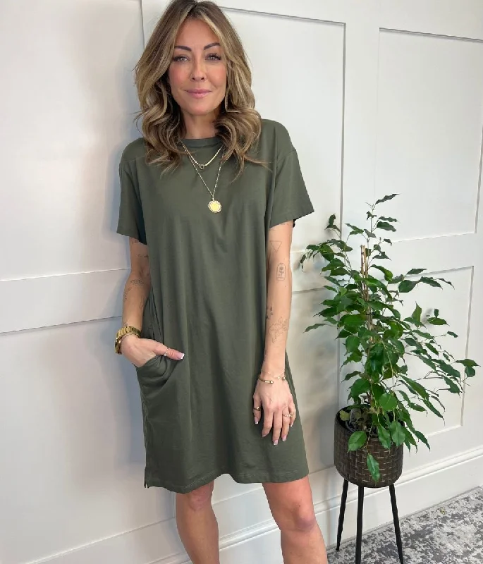 Comfortable Denim Shirt Dress-Khaki Cotton Mini T Shirt Dress