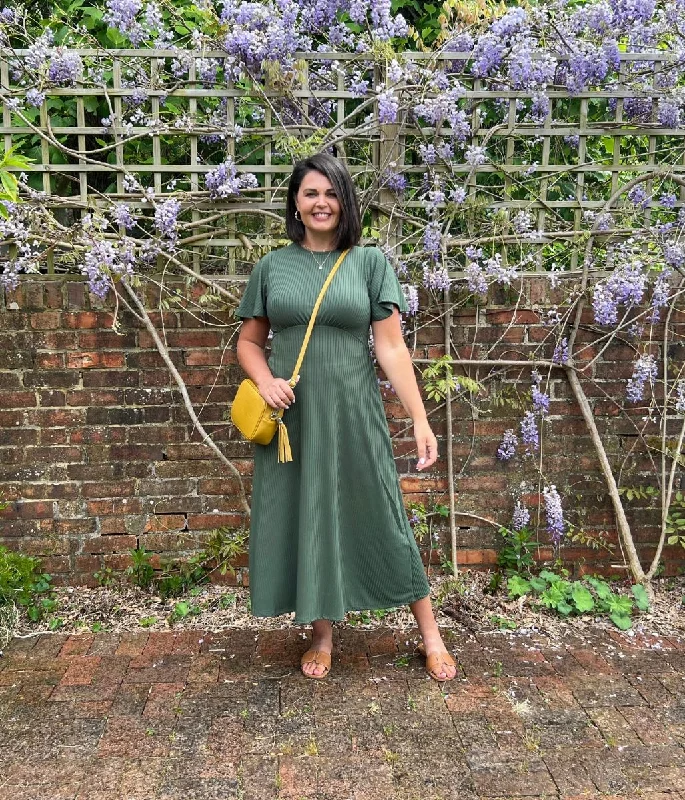 Women's Lace-up Detail Midi Dress-Khaki Ribbed Midi Dress