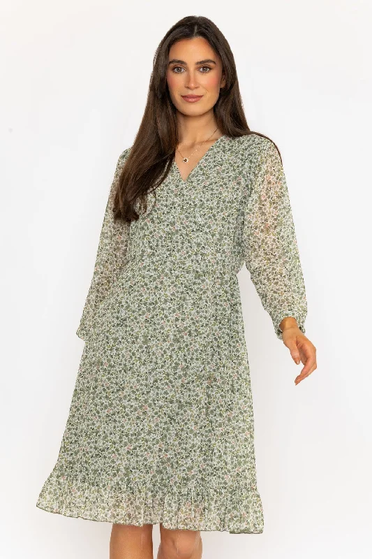 Women's Peplum Dress-Khaki Roisin 3/4 Length Sleeve Knee Length Dress