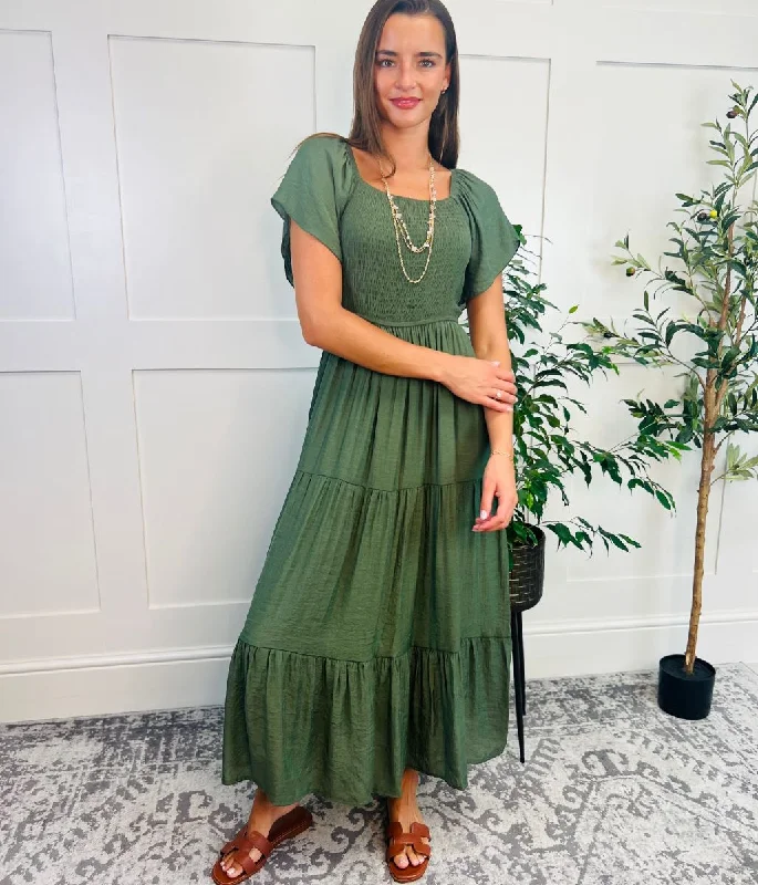 Women's Two-tone Dress-Khaki Shirred Bodice Tiered Dress