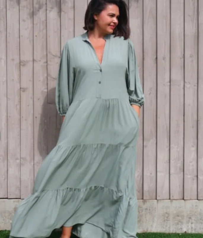 Stylish Checkered Shirt Dress-Khaki Tiered Maxi Shirt Dress