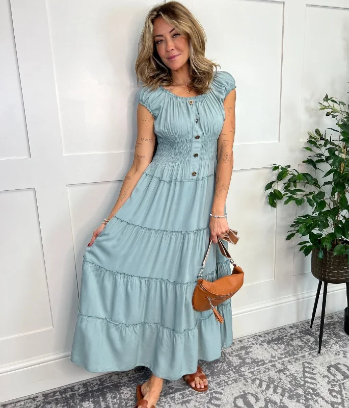 Women's Allover Floral Midi Dress-Khaki Tiered Shirred Midi Dress