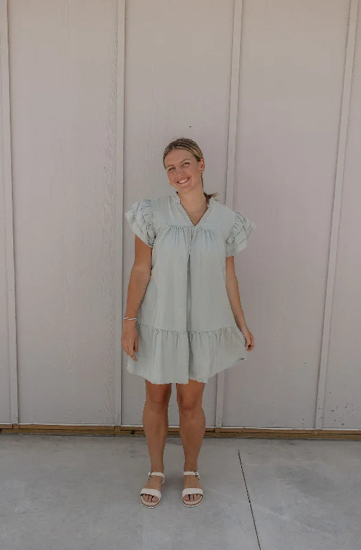 Elegant Shirt Dress for Office-KORRIE SEAFOAM RUFFLE SLEEVE SHORT DRESS BY IVY & CO
