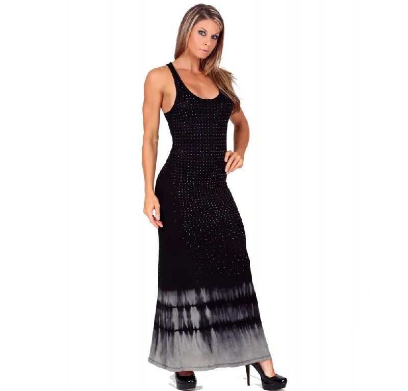 Women's Casual Long Sleeve Maxi Dress-Studded Maxi Dress with Tie-Dye Hem 153999