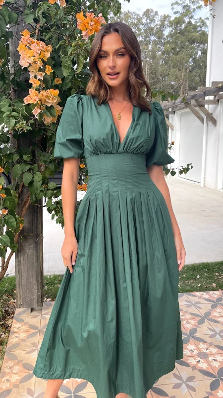 Women's Summer V-neck Midi Dress-Laura Midi Dress - Emerald