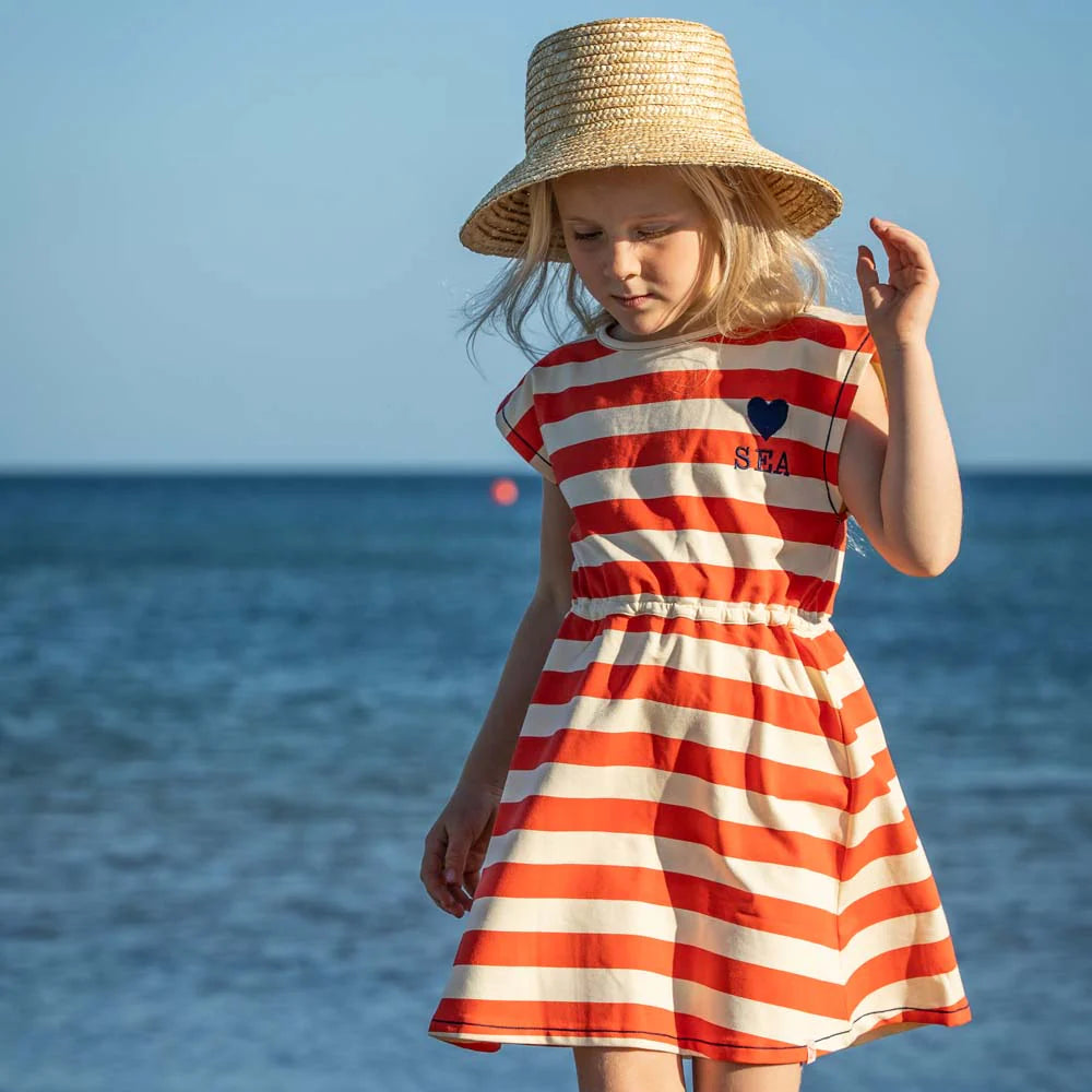 Women's Off-shoulder Tunic Dress-Love Sea red stripy dress   3y (98cm)