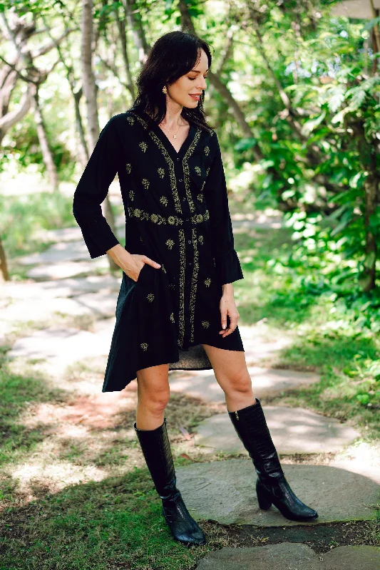 Women's Checkered Plaid Shirt Dress-Lucknow Bouquet Cotton High-Low Shirtdress with Embroidery