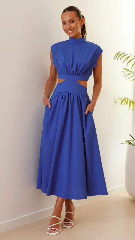 Women's Satin Pleated Midi Dress-Maddison Midi Dress - Blue