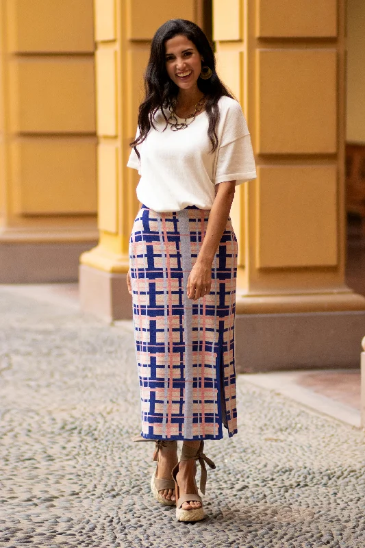 Women's Striped Maxi Dress-Melon Spring Hand Made Cotton Blend Knit Plaid Maxi Skirt from Peru