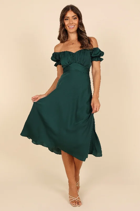 Women's Puffed Sleeve Midi Dress-Mickenna Sweetheart Frill Midi Dress - Emerald