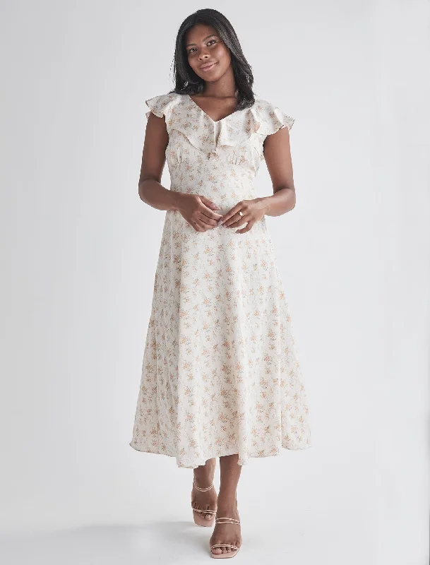 Maternity Dresses with Button Front -Mika Maternity Ruffle Dress in Cream Floral Silky Maternity Dresses with Button Front -Mika Maternity Ruffle Dress in Cream Floral Silky