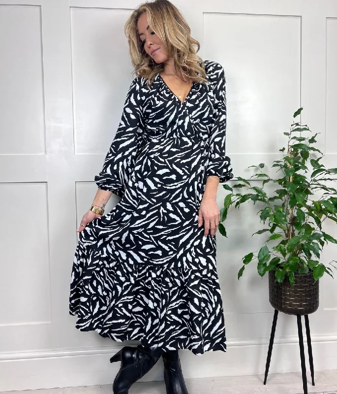 Women's Frill Detail Midi Dress-Monochrome Wrap Midi Dress