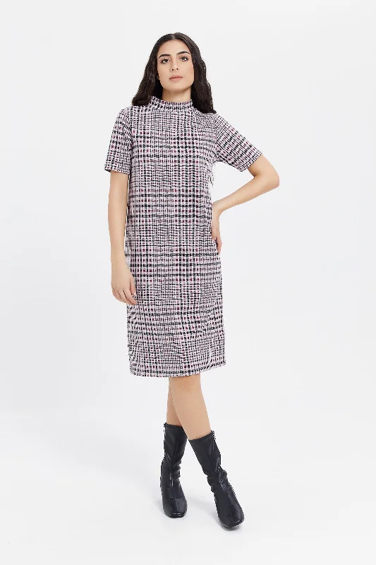 Women's Silk Wrap Dress-Women Multicolour High Neck Check Dress