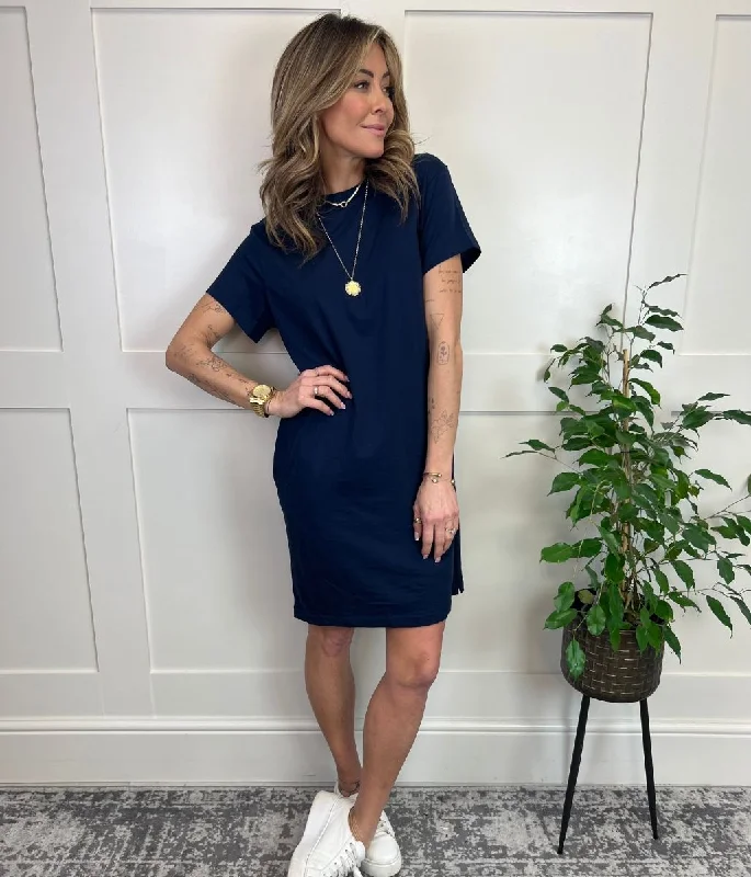 Trendy Plaid Shirt Dress for Fall-Navy Cotton Mini T Shirt Dress