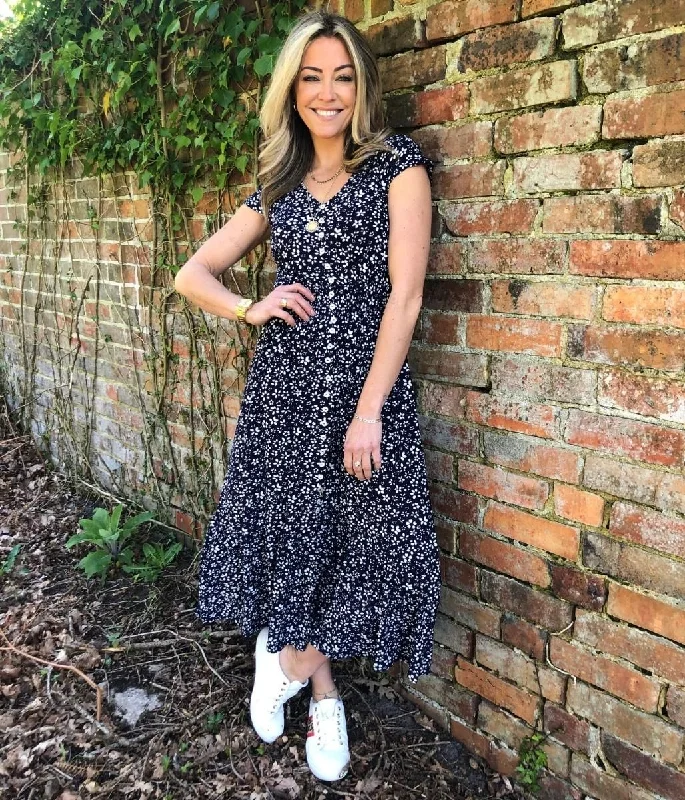 Women's Faux Leather Midi Dress-Navy Ditsy Button Through Midi Dress
