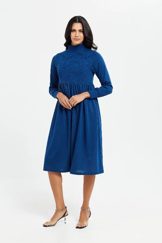 Women's Bodycon Maxi Dress-Women Navy High Neck Maxi Dress