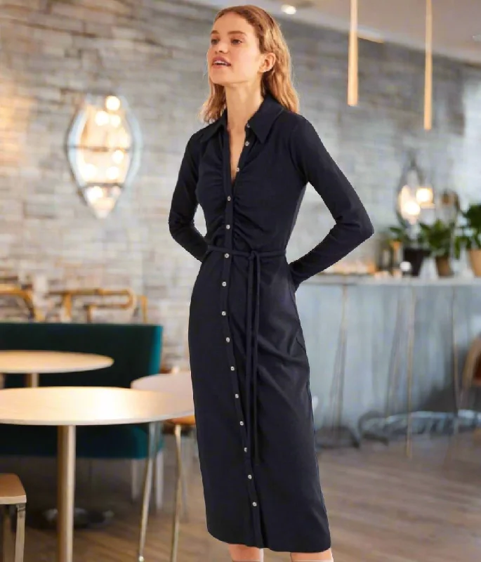 Relaxed Office Shirt Dress-Navy Buttoned Ribbed Midi Shirt Dress