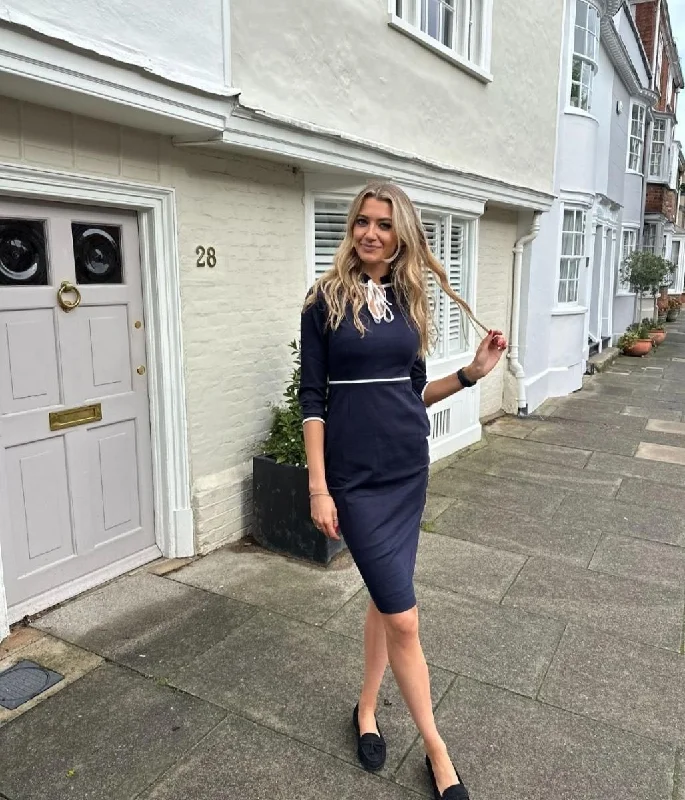 Women's Pleated Midi Dress-Navy Layla Ponte Dress