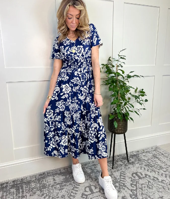 Women's Long Sleeve Pleated Midi Dress-Navy Lucia Stretch Midi Dress